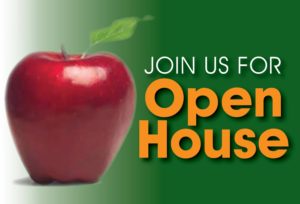reads "Join Us for Open House" next to an apple