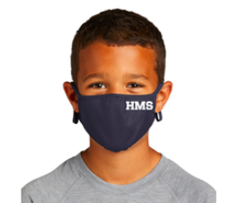 student wearing a face masks with HMS on it